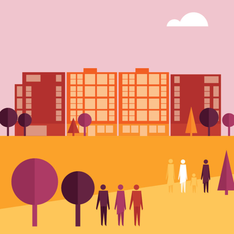 Pink and orange graphic of people and buildings