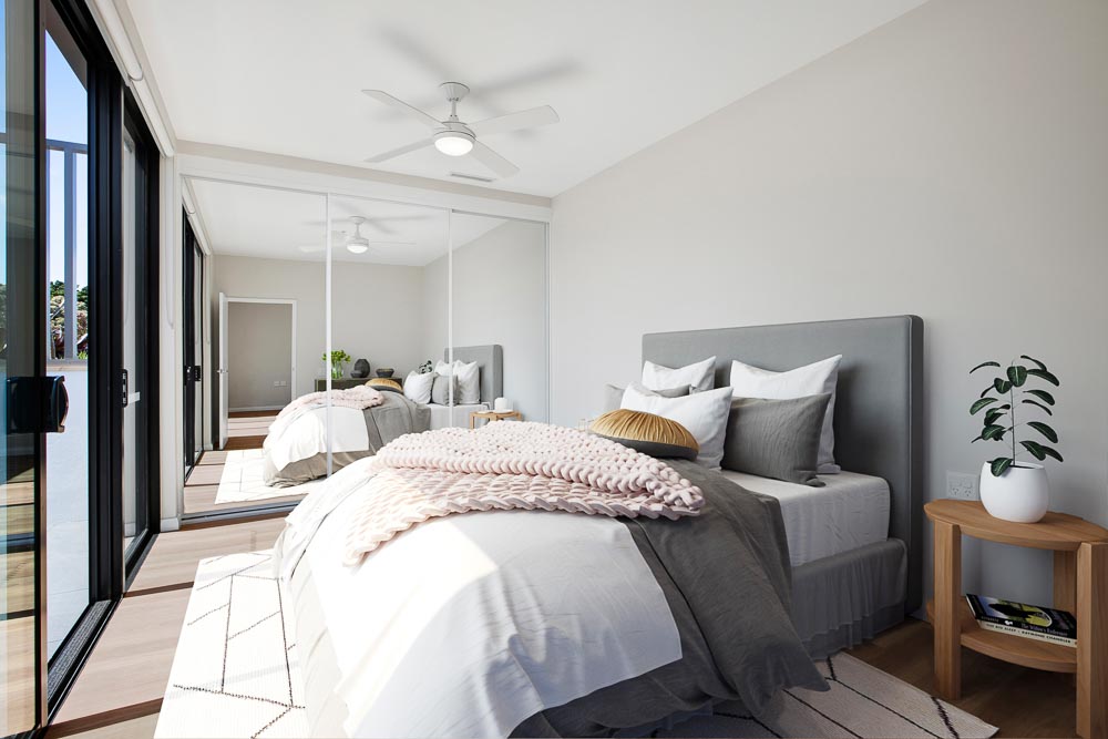 Main bedroom of display furnished unit with mirrored closet and sliding door to balcony