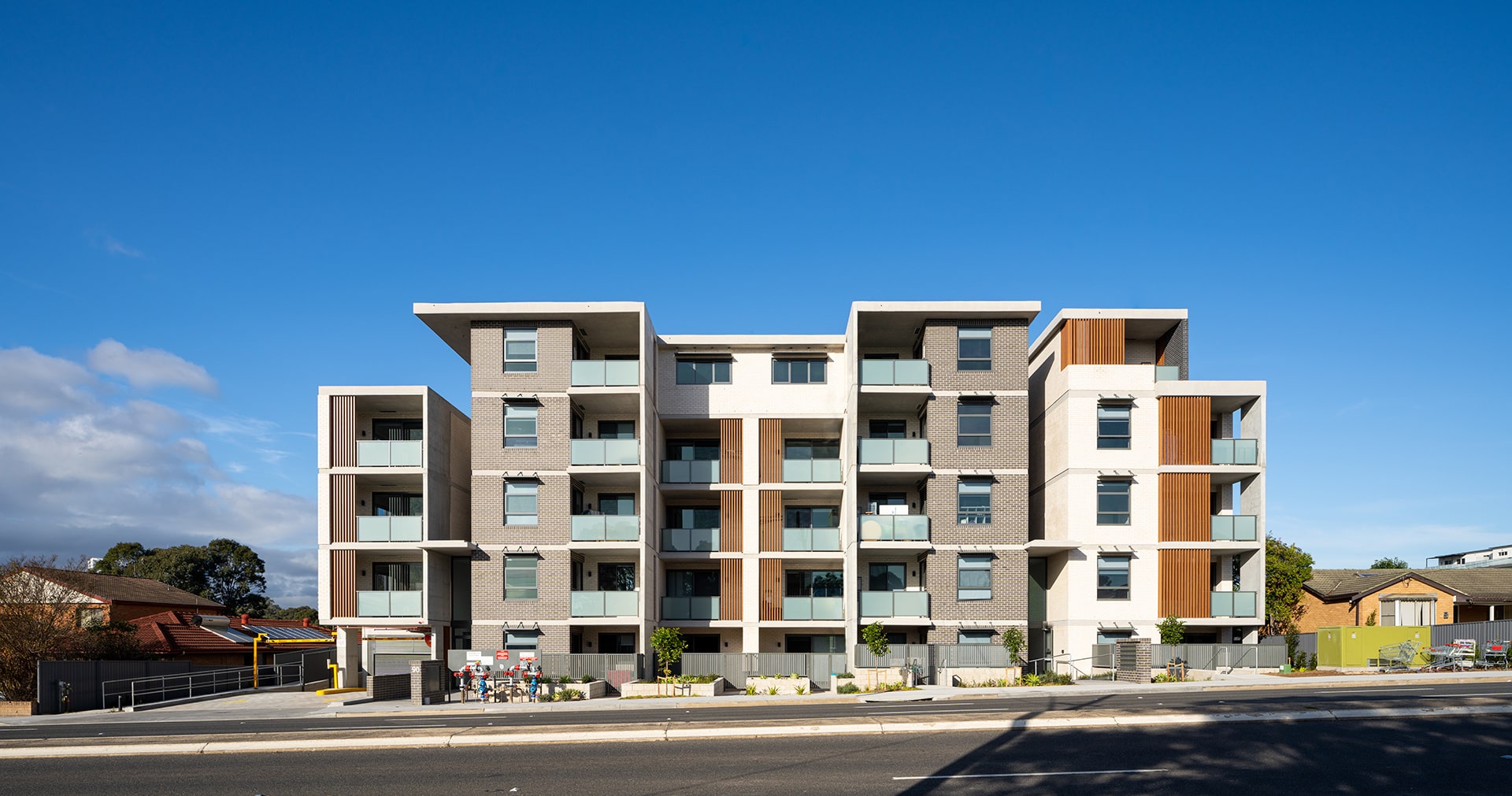 Five story building on a four lane road