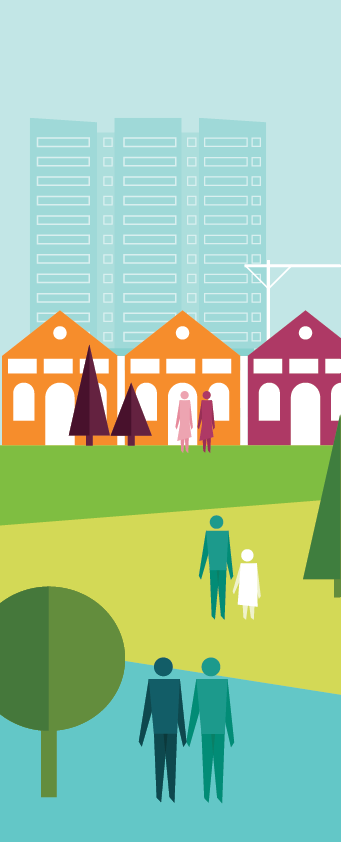 Graphic of people walking in a community park with homes in the background