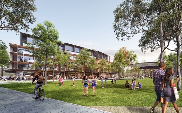 An artist's impression of what the upgraded plaza area will look like, with a large lawn, walking paths and trees