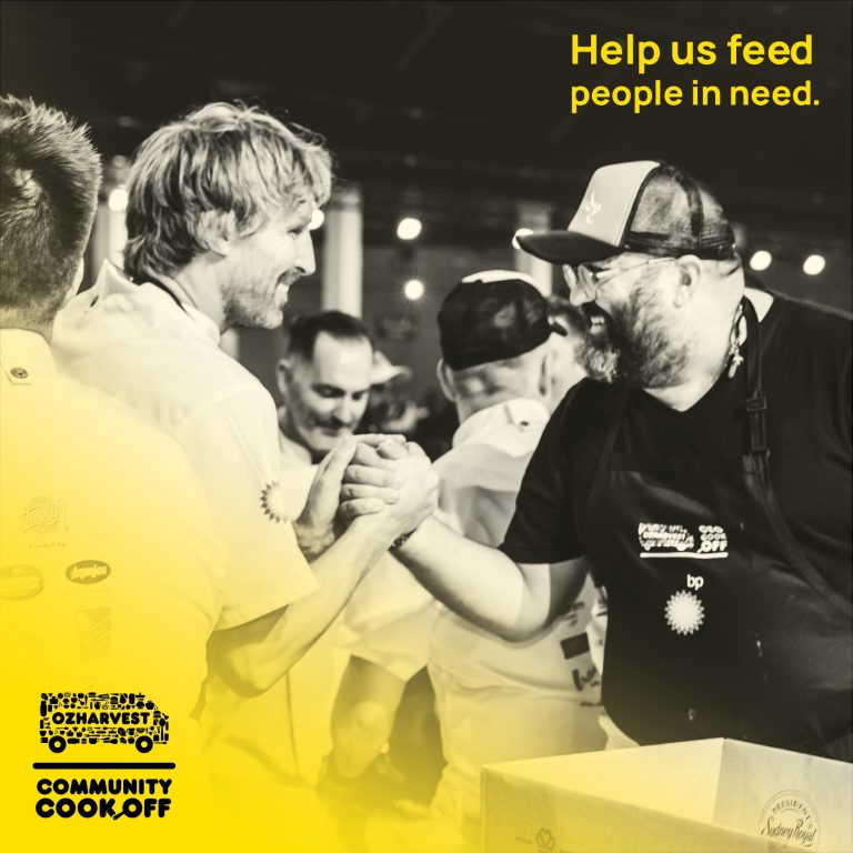 Two men clasping hands, text reads 'Help us feed people in need'