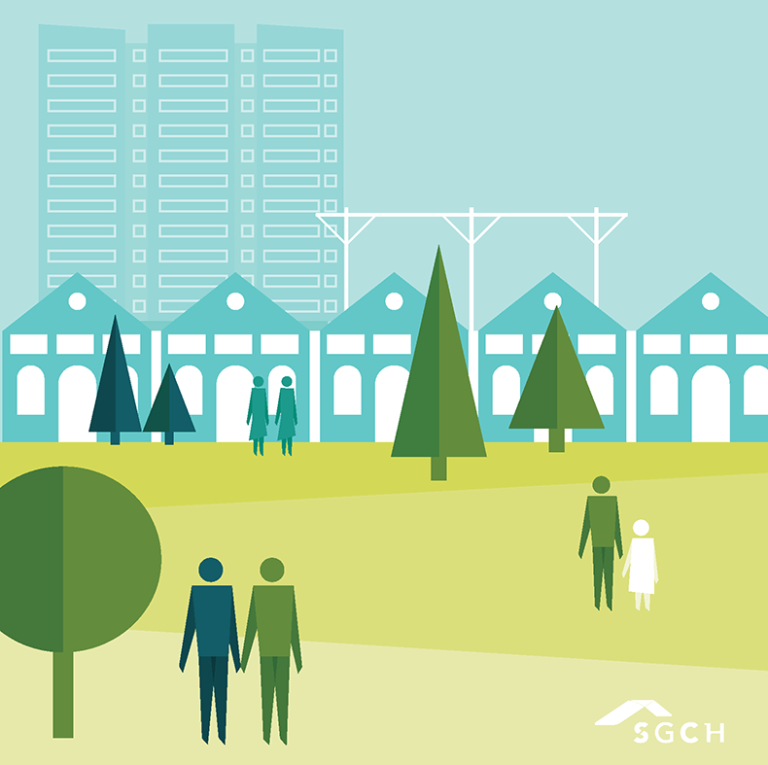 Cover of Impact Report, graphics of people in a park in front of buildings