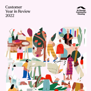 Thumbnail of Customer Year in Review 2022 cover with illustrations of people at home