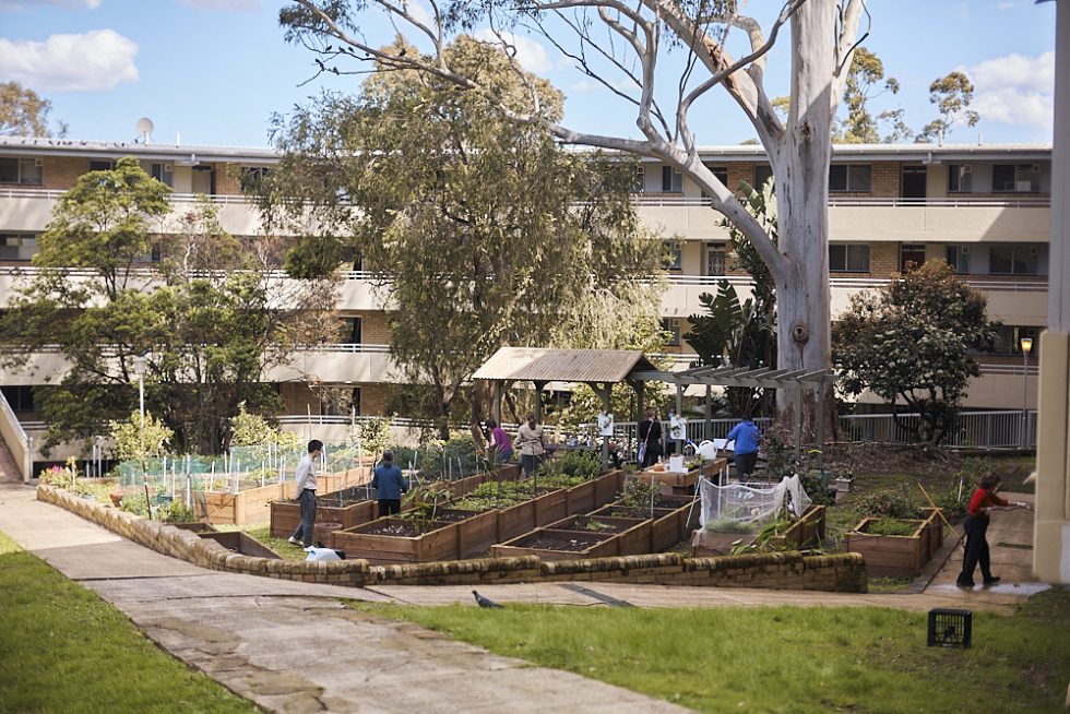 Wide shot of customers working in a community garden in front of a four story building, surrounded by lawn and trees